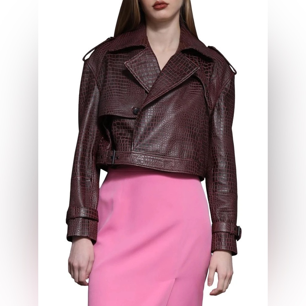 Walter Baker Cropped real Leather Trench Jacket in Deep Burgundy